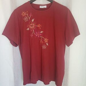 Haband Women's Size L Shirt Short Sleeve Maroon Floral Embroidered Rhinestones